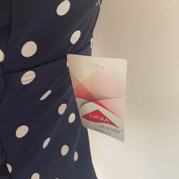 Lands End Plus Standard wrap Tankini top Tummy Control navy white polkadot Var - Picture 5 of 15